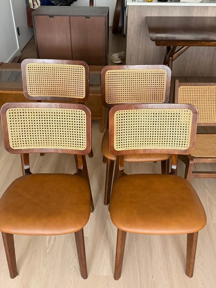 Art Leon Mid Century Modern Wood Leather Rattan Dining Chairs - photo 2