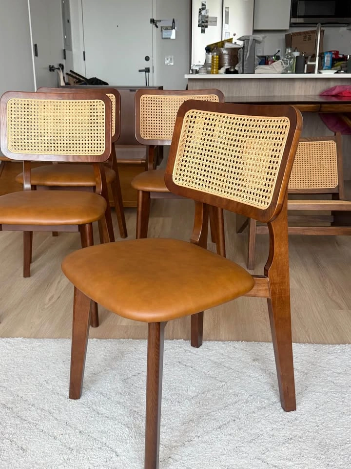 Art Leon Mid Century Modern Wood Leather Rattan Dining Chairs - photo 3
