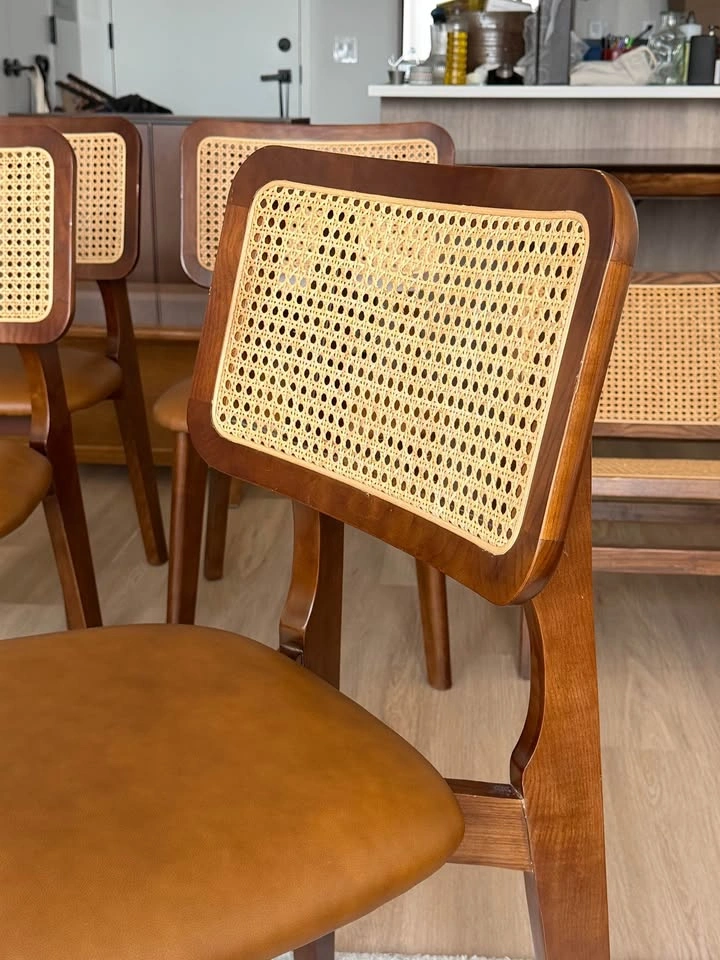 Art Leon Mid Century Modern Wood Leather Rattan Dining Chairs - photo 4