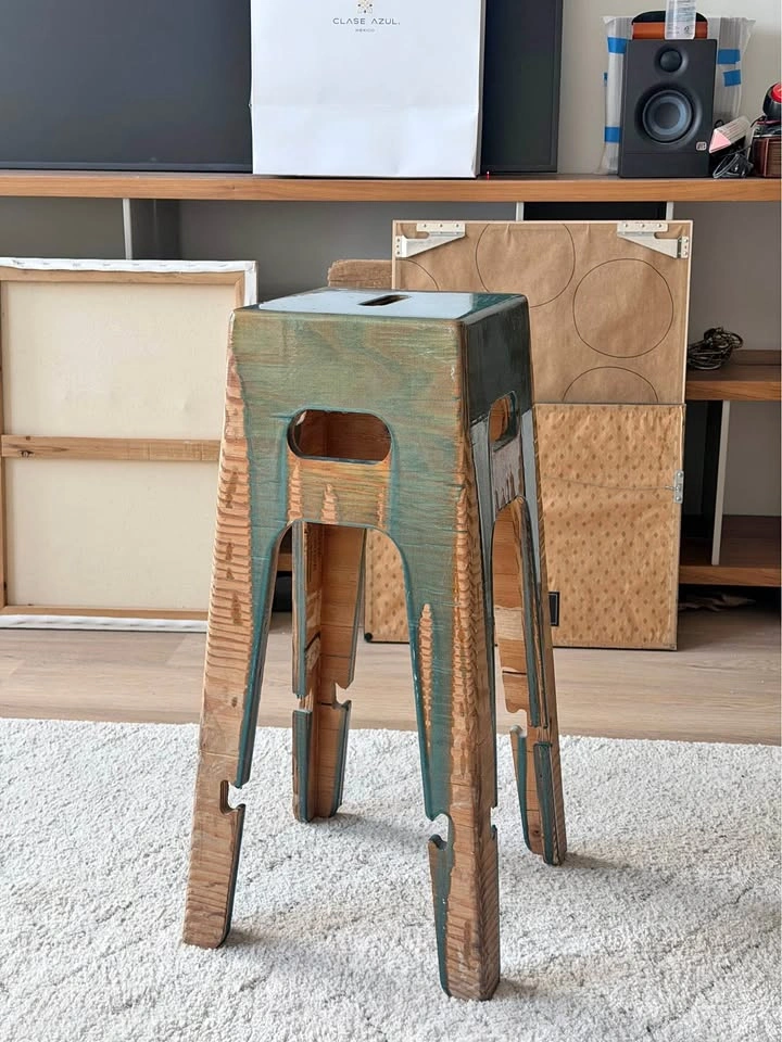 Wood and Lacquered Designed Stool - Original