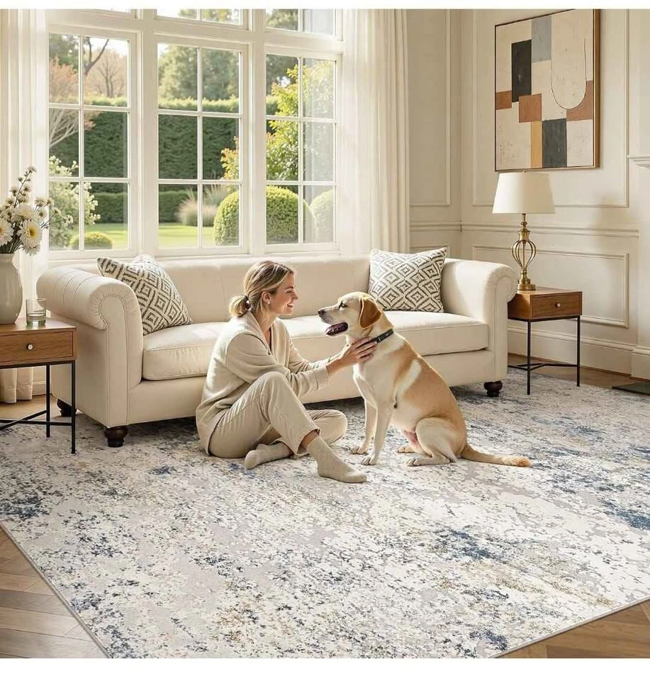 Modern 10x14 Washable Area Rug - Neutral Beige/Blue - photo 3