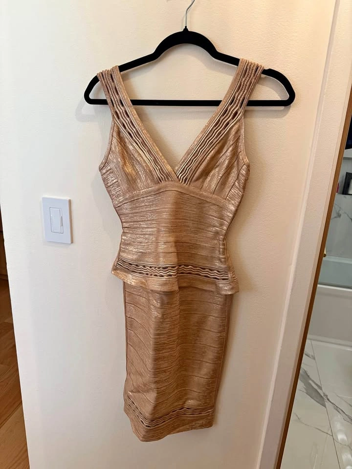 Herve Leger by Max Azria Rose Gold Peplum Bandage Dress