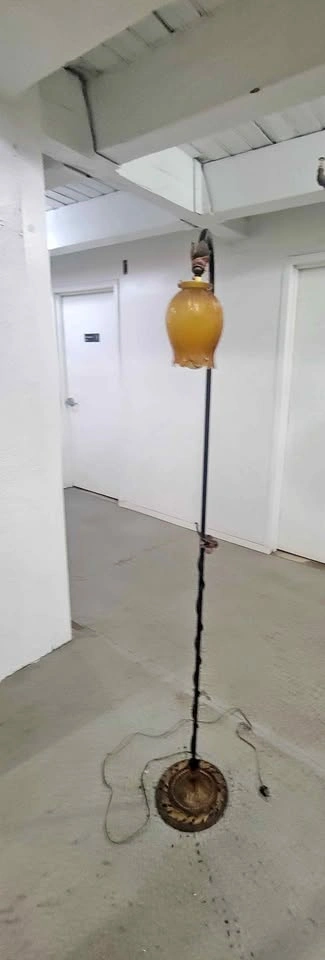 Vintage Wrought Iron Floor Lamp with Amber Glass Shade
