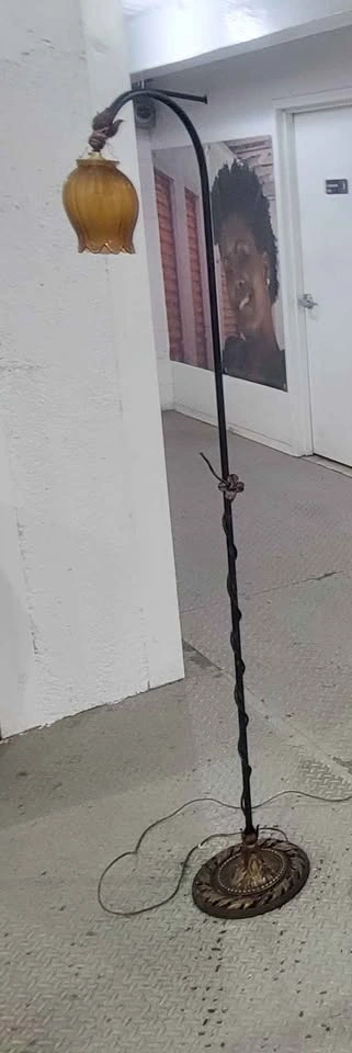 Vintage Wrought Iron Floor Lamp with Amber Glass Shade - photo 2