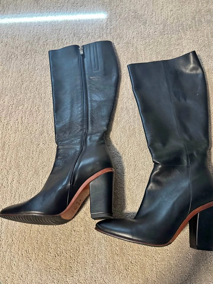 Custom Handmade Black Leather Knee-High Block Heel Boots Size 41
