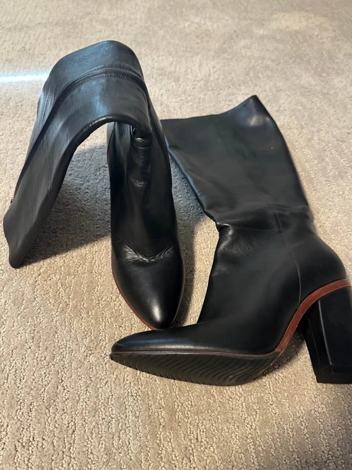 Custom Handmade Black Leather Knee-High Block Heel Boots Size 41 - photo 2