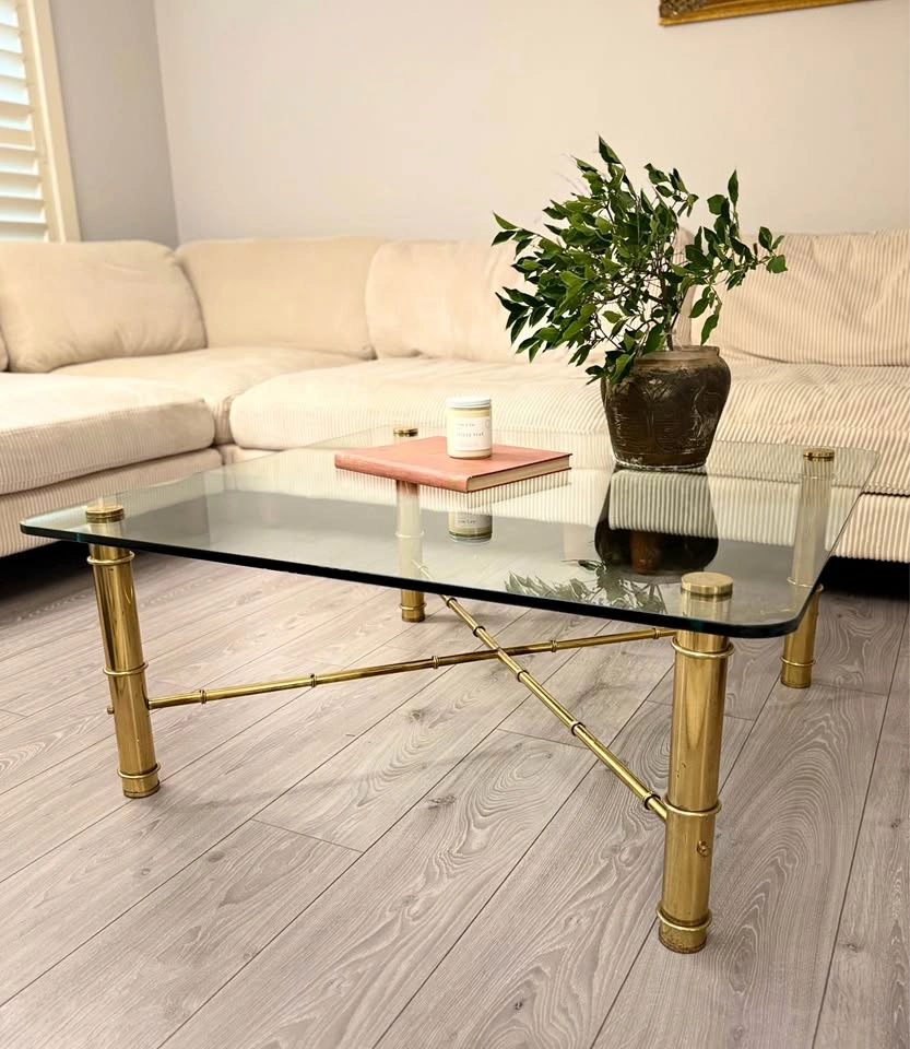 VINTAGE FAUX BAMBOO BRASS AND GLASS MCM COFFEE TABLE!