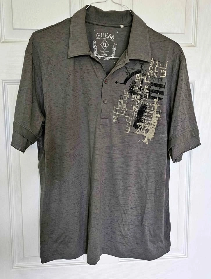 Guess Charcoal Graphic Polo Shirt - Size XL