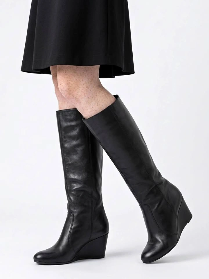 Black Leather Knee-High Wedge Boots – Size 7