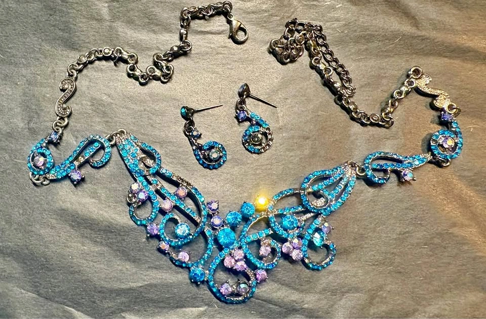 Turquoise & Purple Rhinestone Statement Necklace and Earrings Se