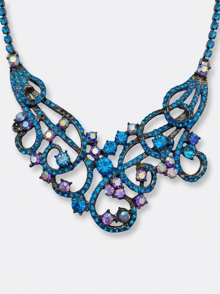 Turquoise & Purple Rhinestone Statement Necklace and Earrings Se - photo 2