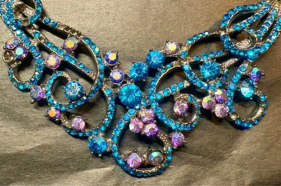 Turquoise & Purple Rhinestone Statement Necklace and Earrings Se - photo 3