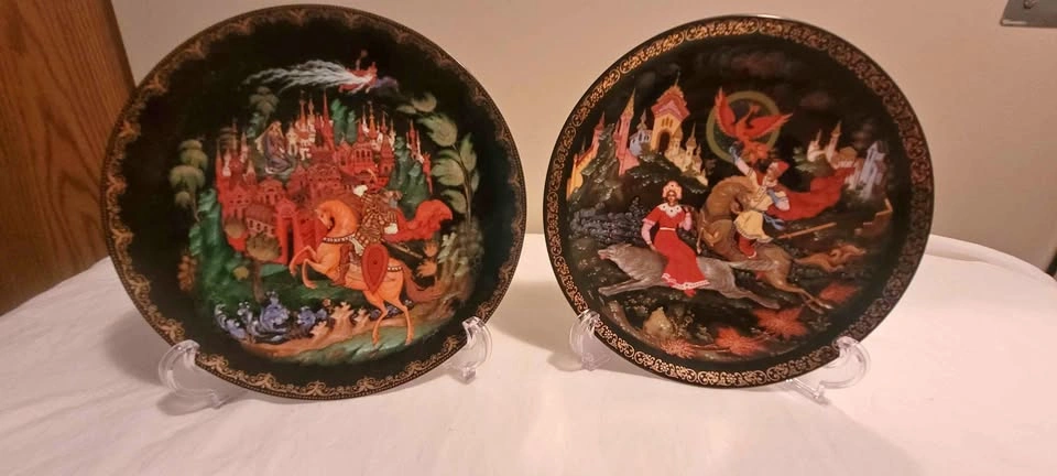 Vintage Palekh Russian Fairy Tale Collector Plates - Set of 2