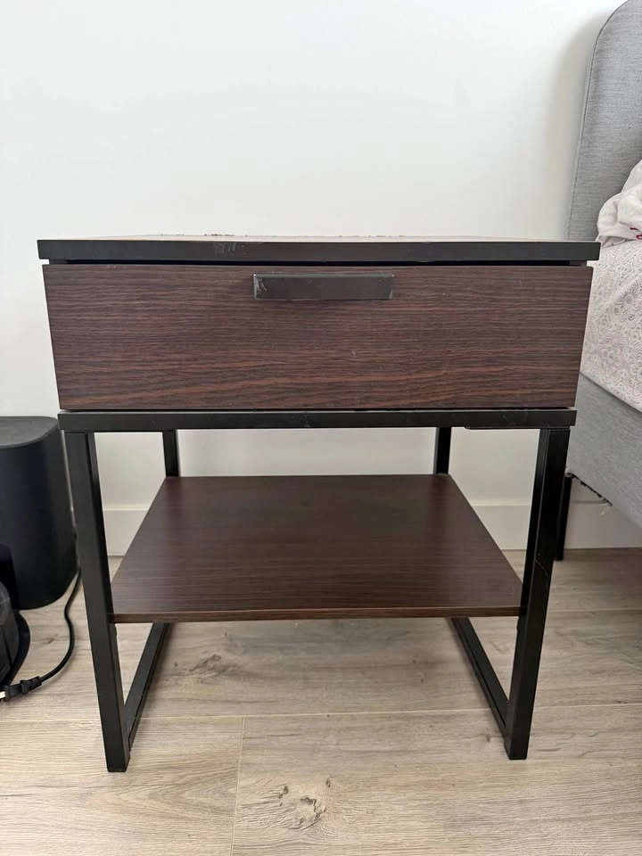Modern Dark Wood Grain Nightstand with Metal Frame
