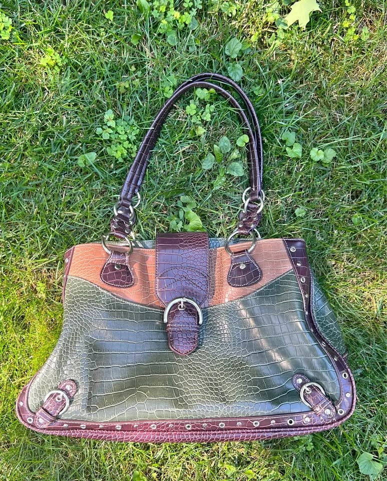 Green and Brown Faux Crocodile Shoulder Bag
