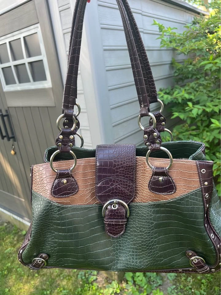 Green and Brown Faux Crocodile Shoulder Bag - photo 2
