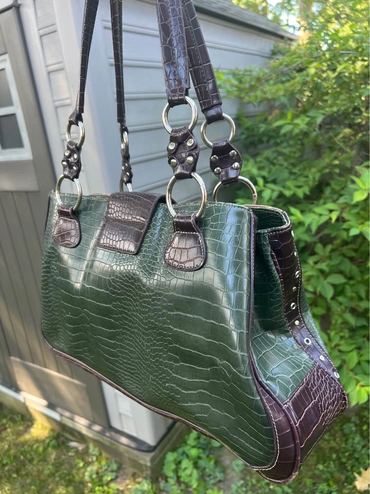 Green and Brown Faux Crocodile Shoulder Bag - photo 3