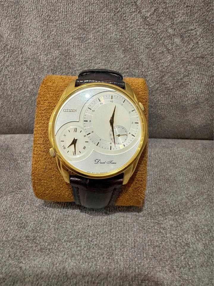 Vintage Gold Citizen Dual Time Watch w/ Original Leather Strap