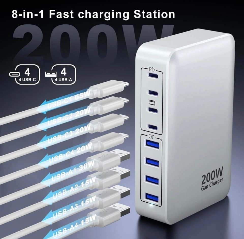 200W 8-Port GaN USB-C Fast Charging Station Hub - photo 2