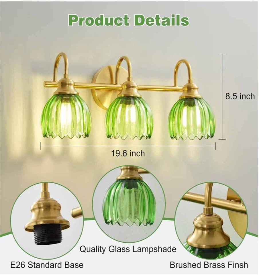 3 Light Vanity Fixture with Green Glass Lampshades - photo 2