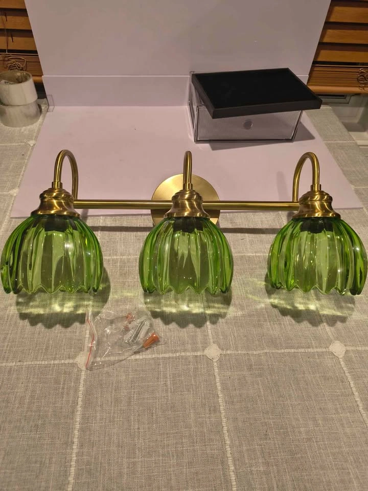 3 Light Vanity Fixture with Green Glass Lampshades - photo 3