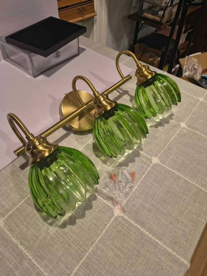 3 Light Vanity Fixture with Green Glass Lampshades - photo 4