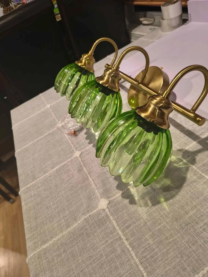 3 Light Vanity Fixture with Green Glass Lampshades - photo 5
