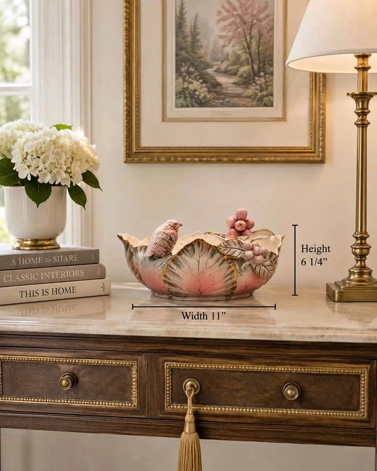 Vintage MCM Ucagco Decorative Bowl Pink & Gold Bird Bowl Or Plan