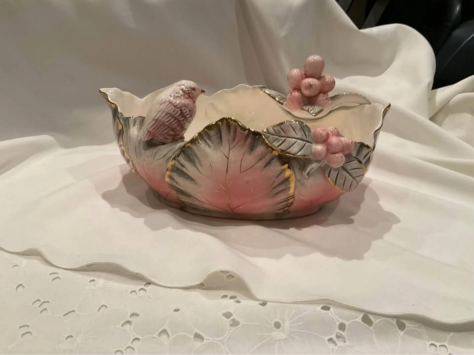 Vintage MCM Ucagco Decorative Bowl Pink & Gold Bird Bowl Or Plan - photo 3