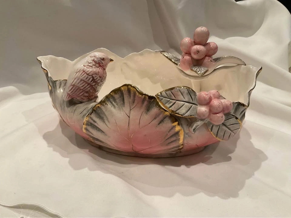 Vintage MCM Ucagco Decorative Bowl Pink & Gold Bird Bowl Or Plan - photo 4
