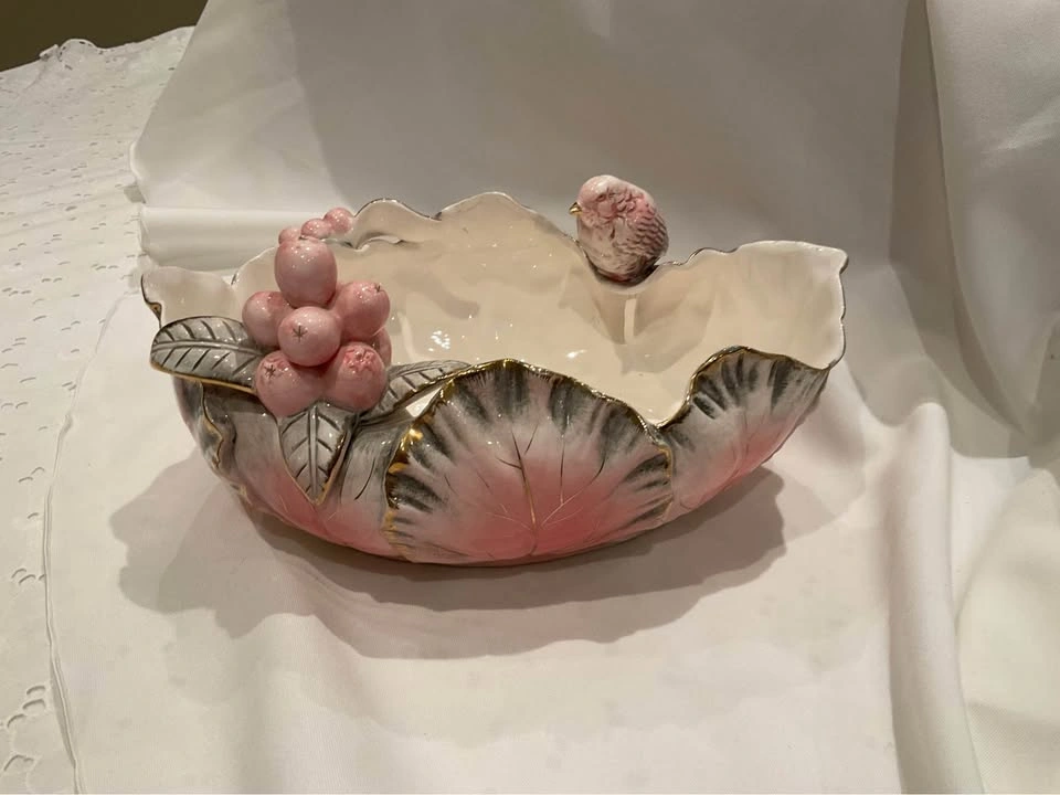 Vintage MCM Ucagco Decorative Bowl Pink & Gold Bird Bowl Or Plan - photo 5