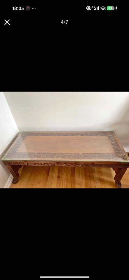 Vintage Hand-Carved Solid Wood Coffee Table with Glass Top