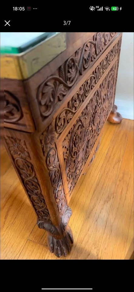 Vintage Hand-Carved Solid Wood Coffee Table with Glass Top - photo 2