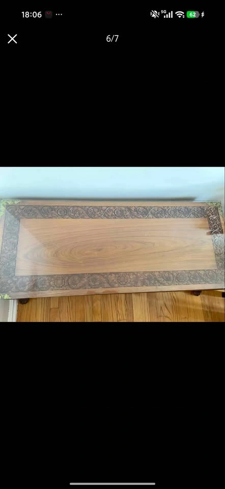 Vintage Hand-Carved Solid Wood Coffee Table with Glass Top - photo 5