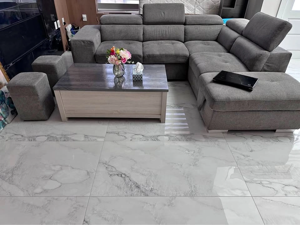 Grey L-Shaped Sleeper Sectional with Storage Ottoman & Tables
