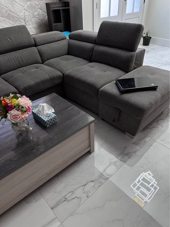 Grey L-Shaped Sleeper Sectional with Storage Ottoman & Tables - photo 3
