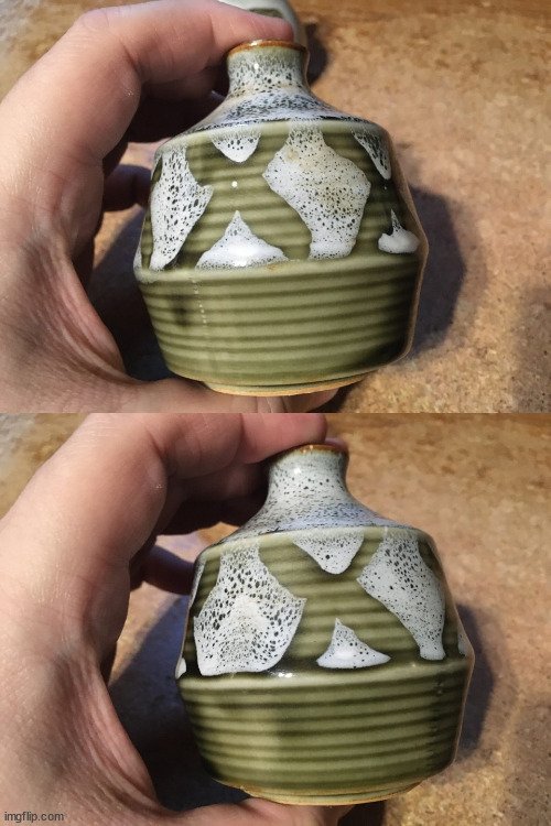 2X KAWATOMI STONEWARE SMALL JAPANESE VASE 3 1/2" GREEN X'S - photo 2