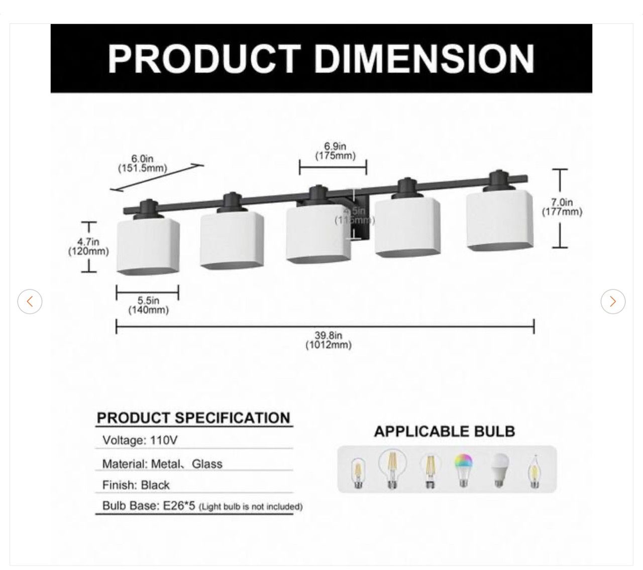 40 in. Modern 5-Light Matte Black Bathroom Vanity Light - photo 3