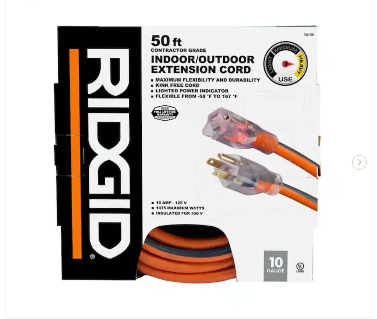 RIDGID 50 ft. 10/3 Heavy Duty Indoor/Outdoor Extension Cord