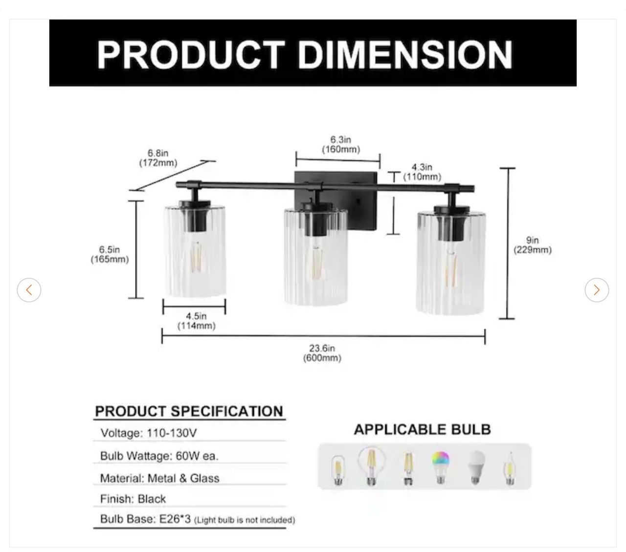 24 in. 3-Light Black Vanity Light with White Cylinder Glass Shad - photo 3