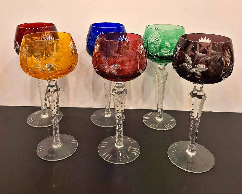 6 Vintage Bohemian Crystal Multi-Colored Wine Goblets Set