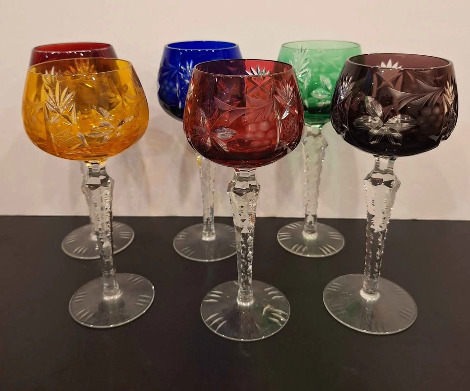 6 Vintage Bohemian Crystal Multi-Colored Wine Goblets Set - photo 3