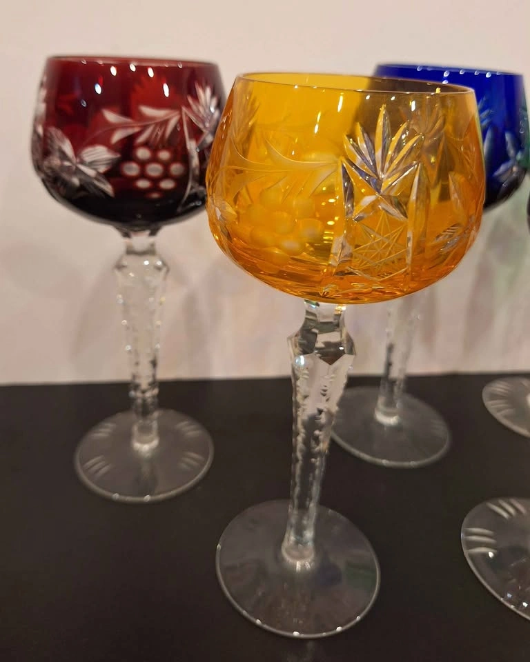 6 Vintage Bohemian Crystal Multi-Colored Wine Goblets Set - photo 4