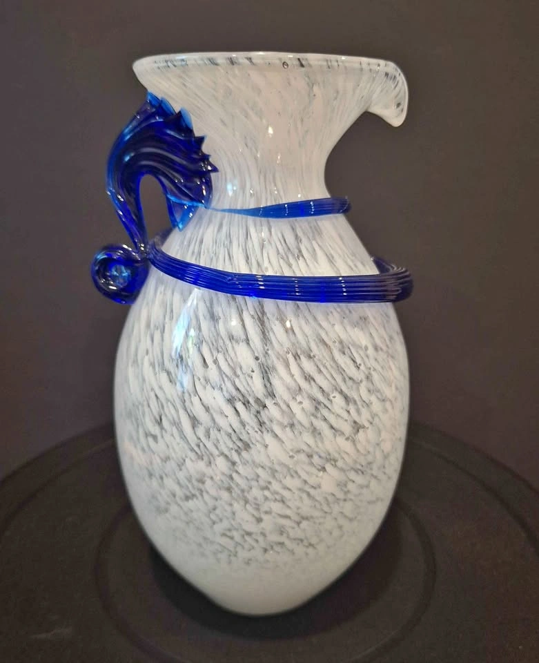 Murano Style Frosted Vase White & Blue Speckled Applied Spiral
