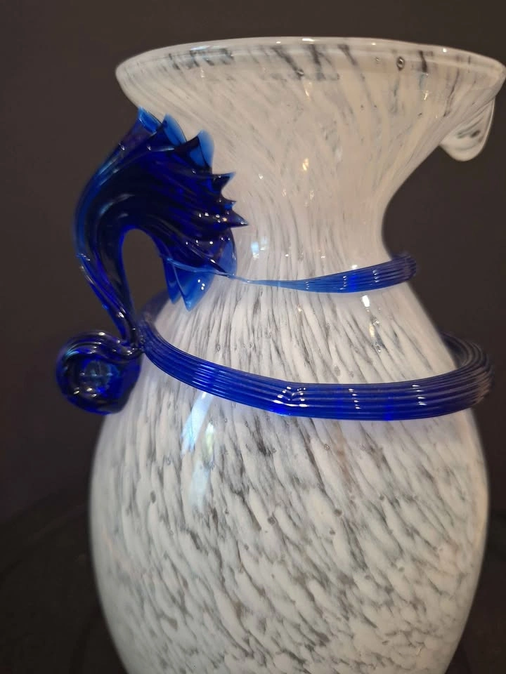 Murano Style Frosted Vase White & Blue Speckled Applied Spiral - photo 2
