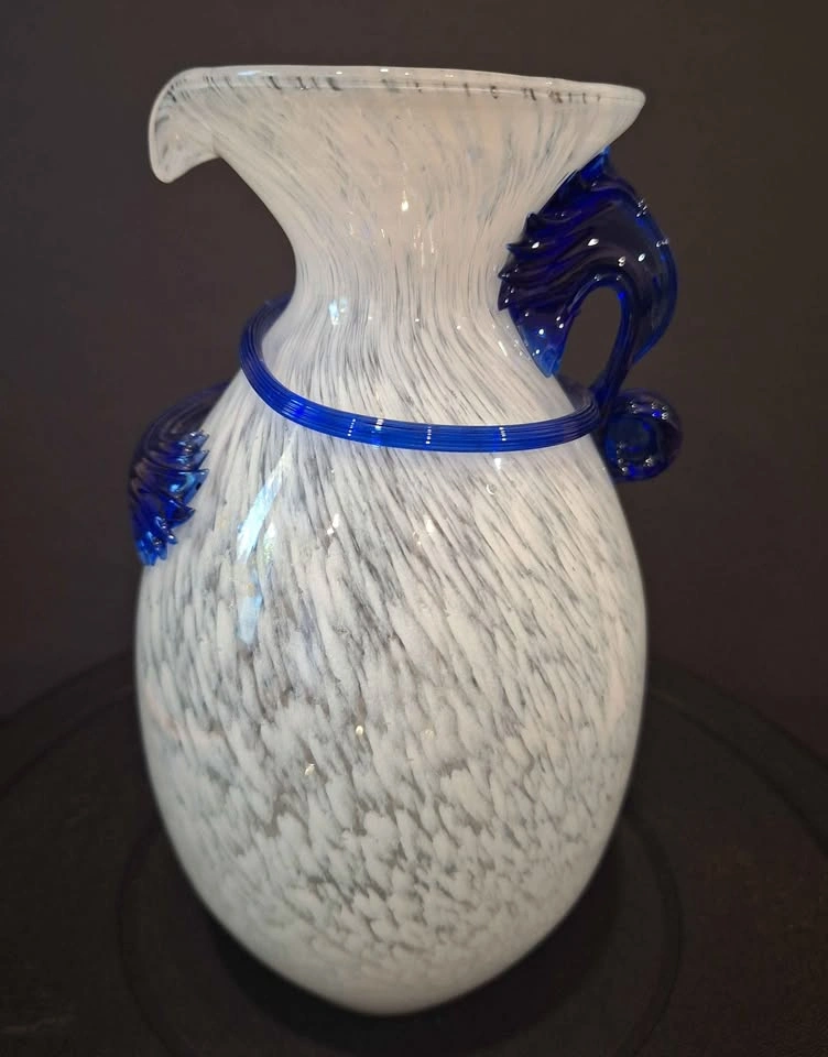 Murano Style Frosted Vase White & Blue Speckled Applied Spiral - photo 4