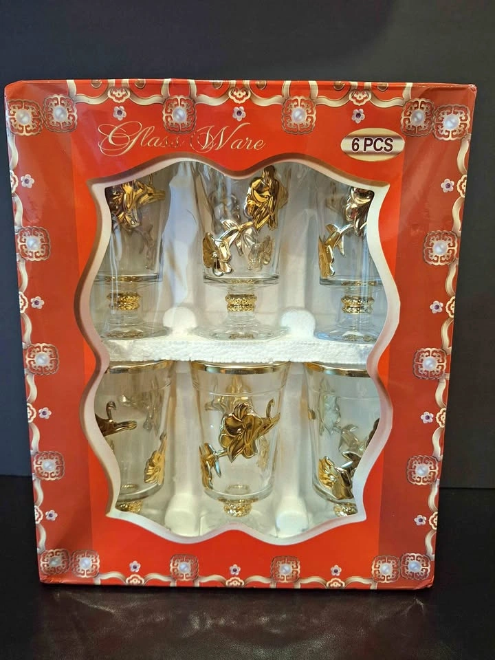 New 6-Piece Gold Flower decorated Floral Glassware Set