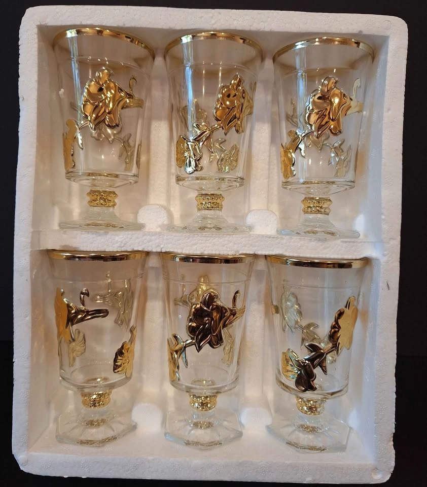 New 6-Piece Gold Flower decorated Floral Glassware Set - photo 2