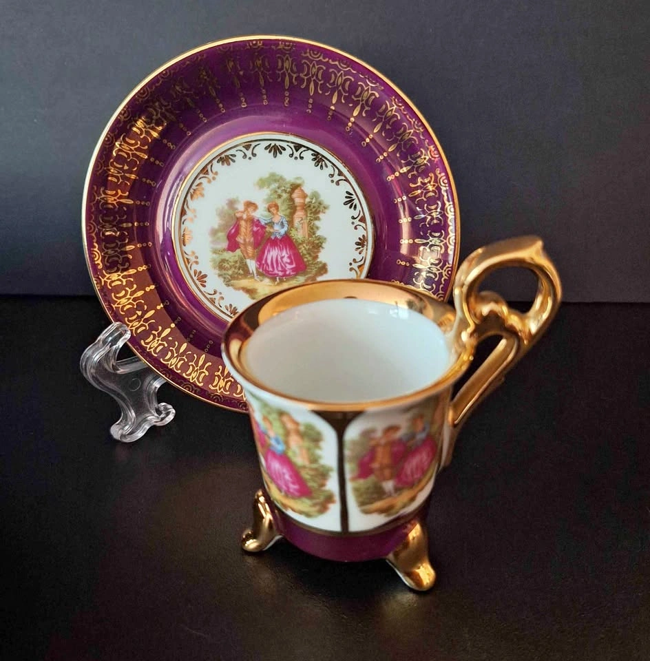 Vintage Purple and Gold Porcelain Miniature Cup and Saucer