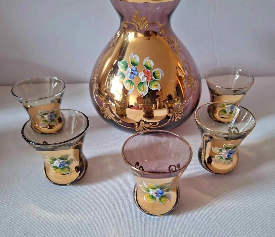 Vintage Purple Glass Decanter Set with Gold Overlay